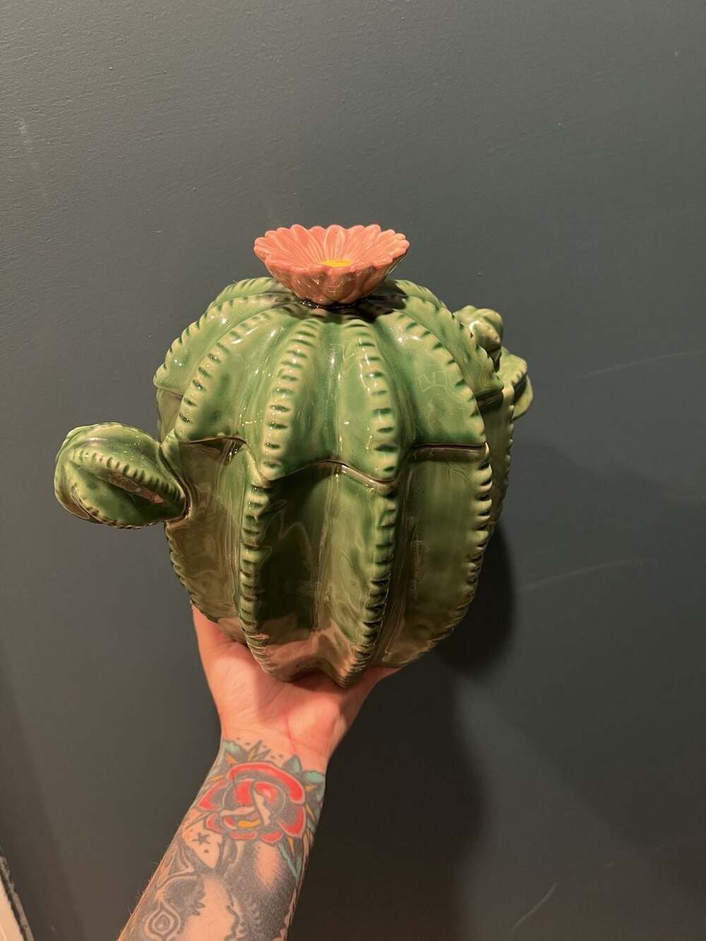 World Market Ceramic Cactus Cookie Jar Canister Green Pink Flower